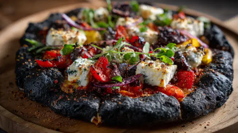 Pica sa crnim testom, kozjim sirom i povrćem, hrskava i upečatljiva, savršen primer za rubriku najčudnije pice na svetu